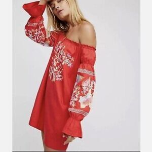 Free People Fleur Du Jour Embroidered Off Shoulder Red Mini Dress Floral XS Boho